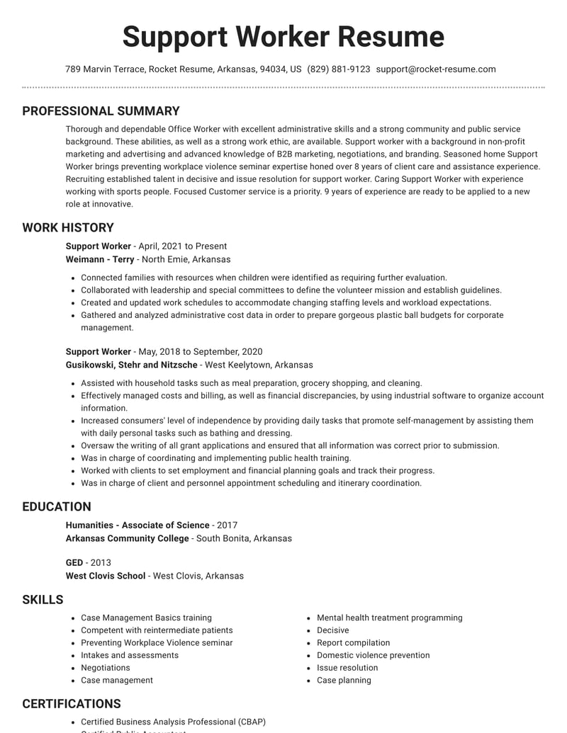 resume for personal support worker