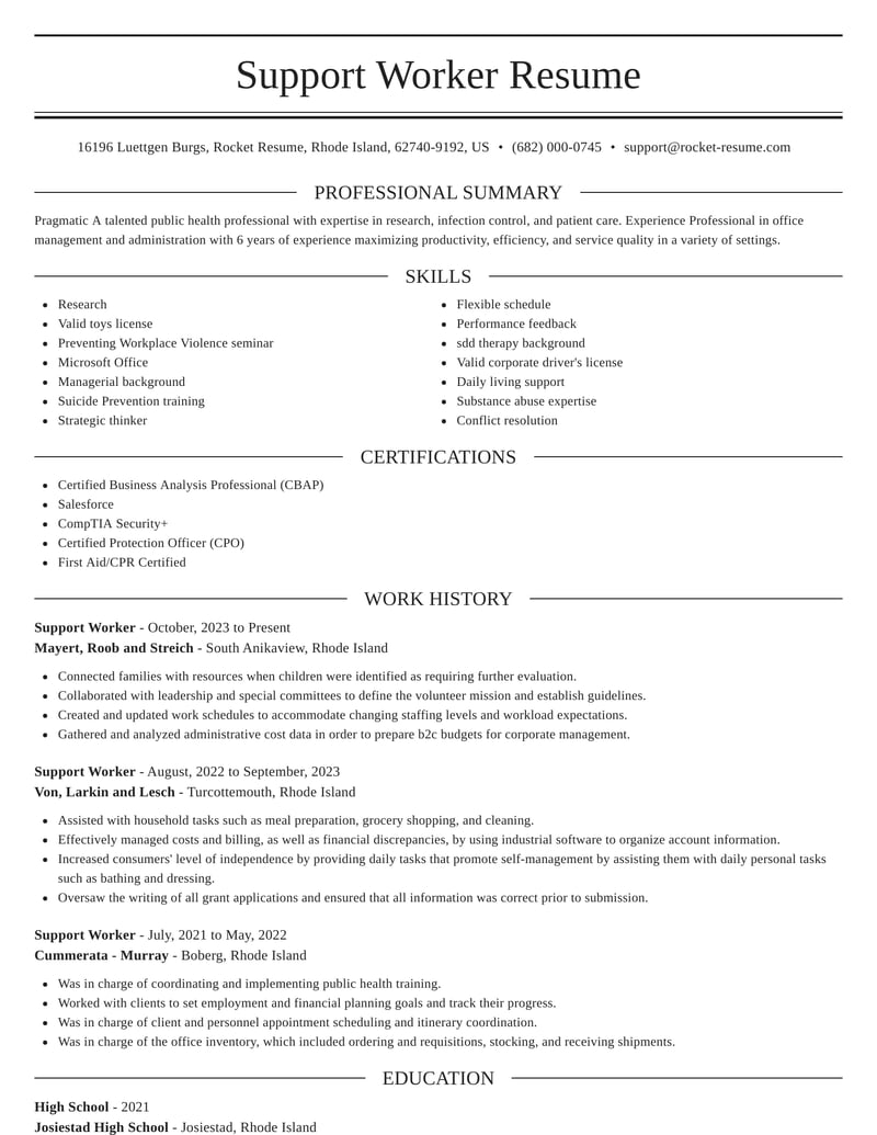 sample resume for support worker