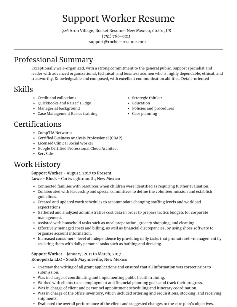support worker objective resume