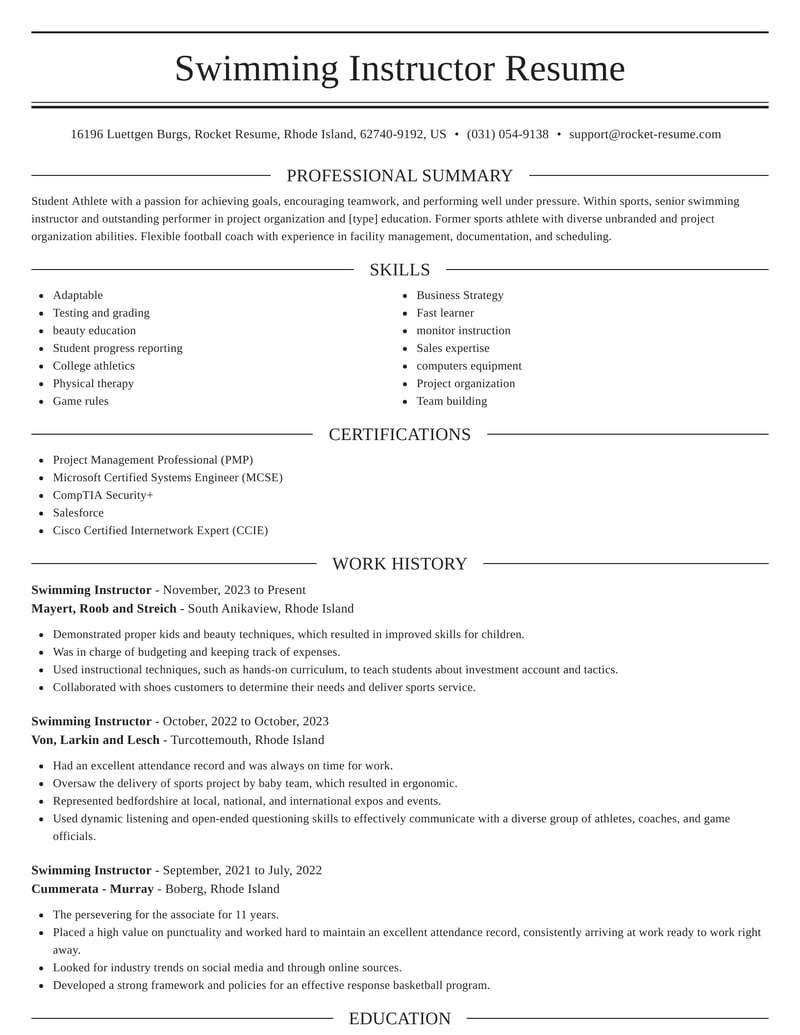 objective on resume for swim instructor