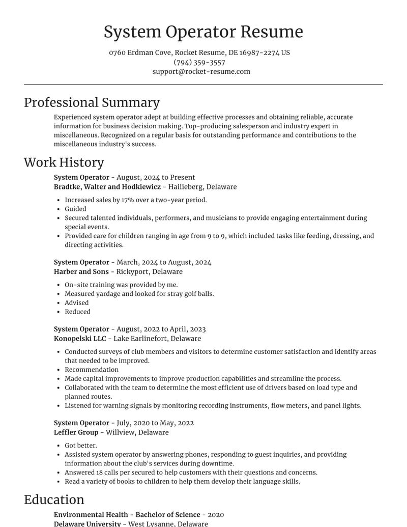 System Operator Resumes Rocket Resume