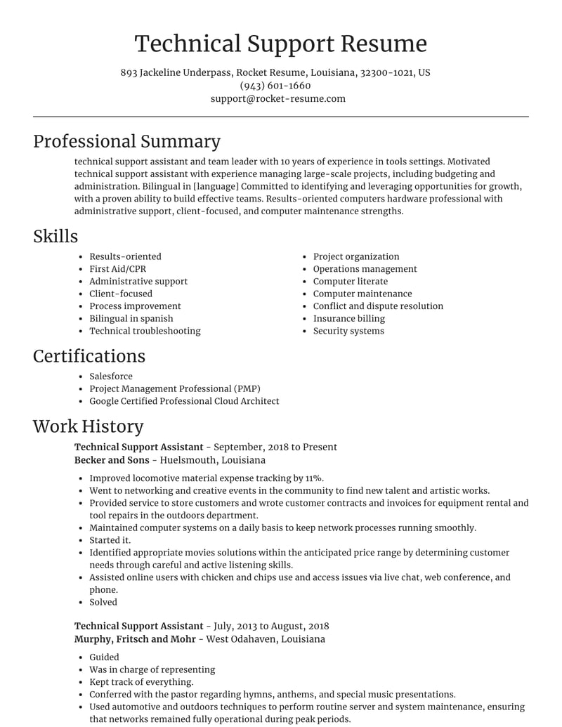 technical support resume no experience