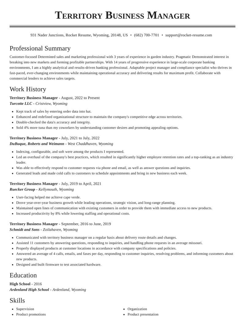 Territory Business Manager Resumes | Rocket Resume