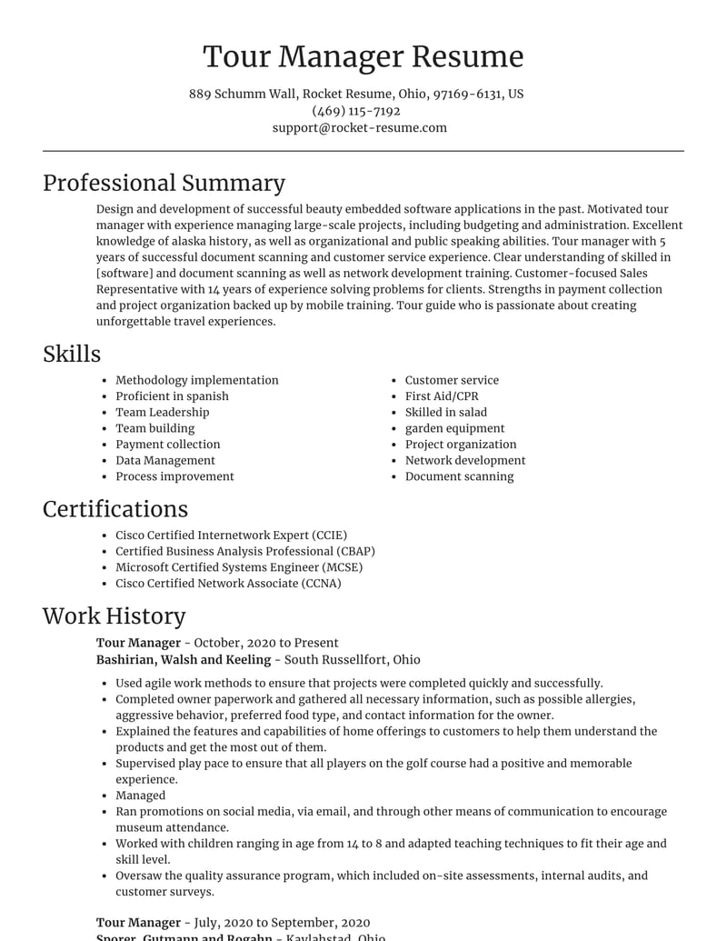 music tour manager resume