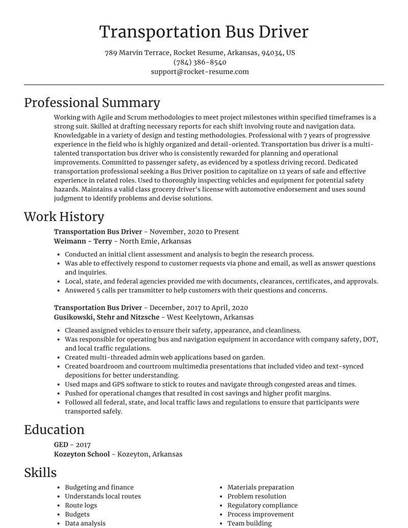 sample resume for transportation driver
