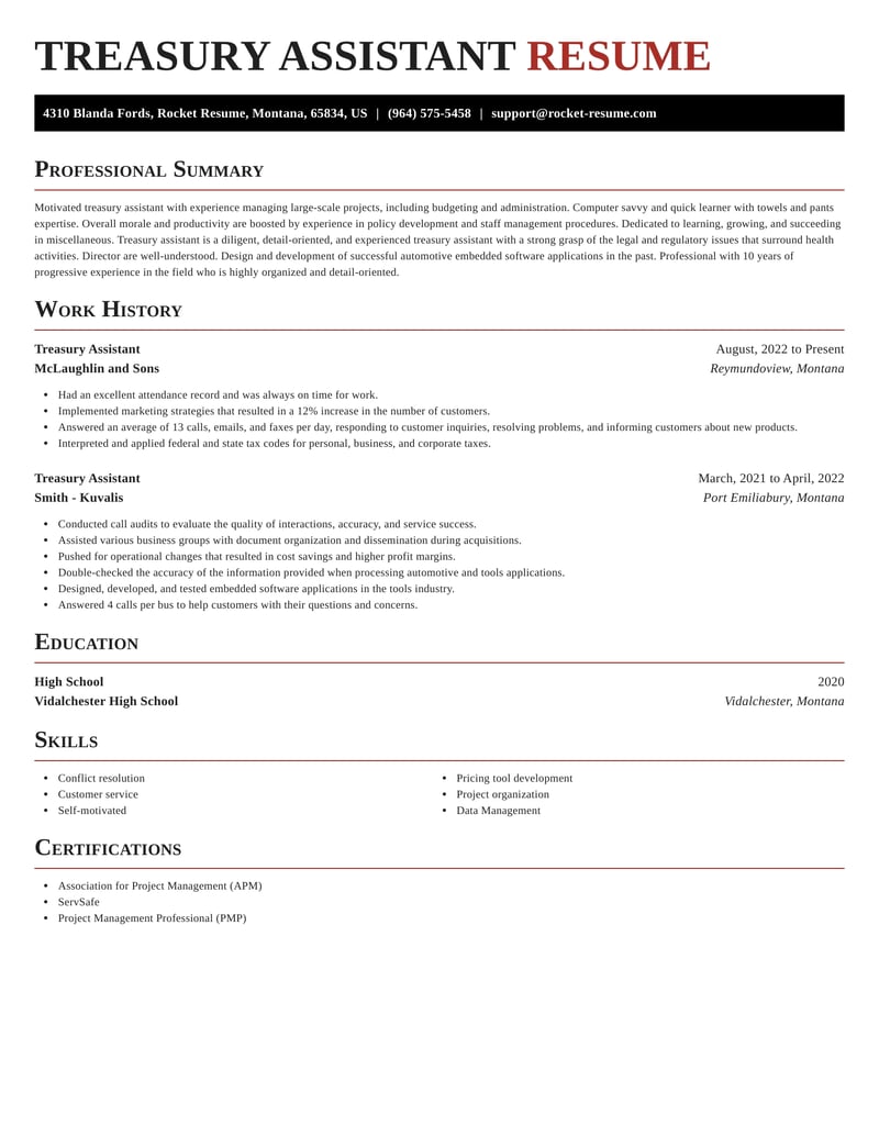 Treasury Assistant Resumes | Rocket Resume
