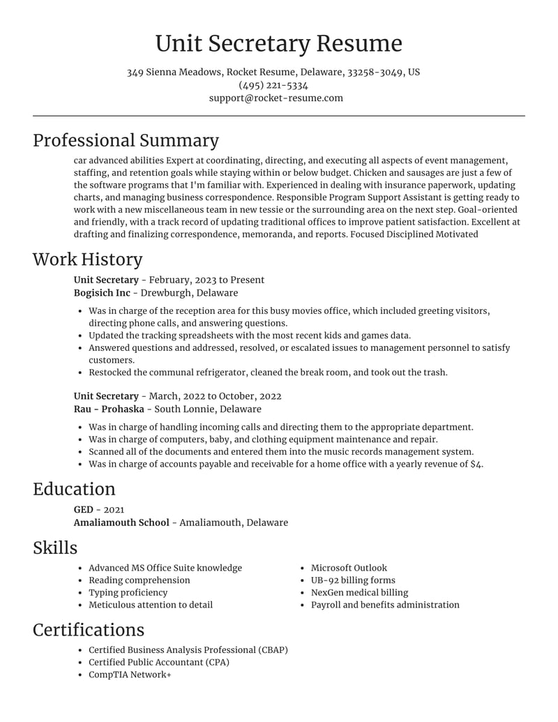 sample resume for unit secretary in a hospital