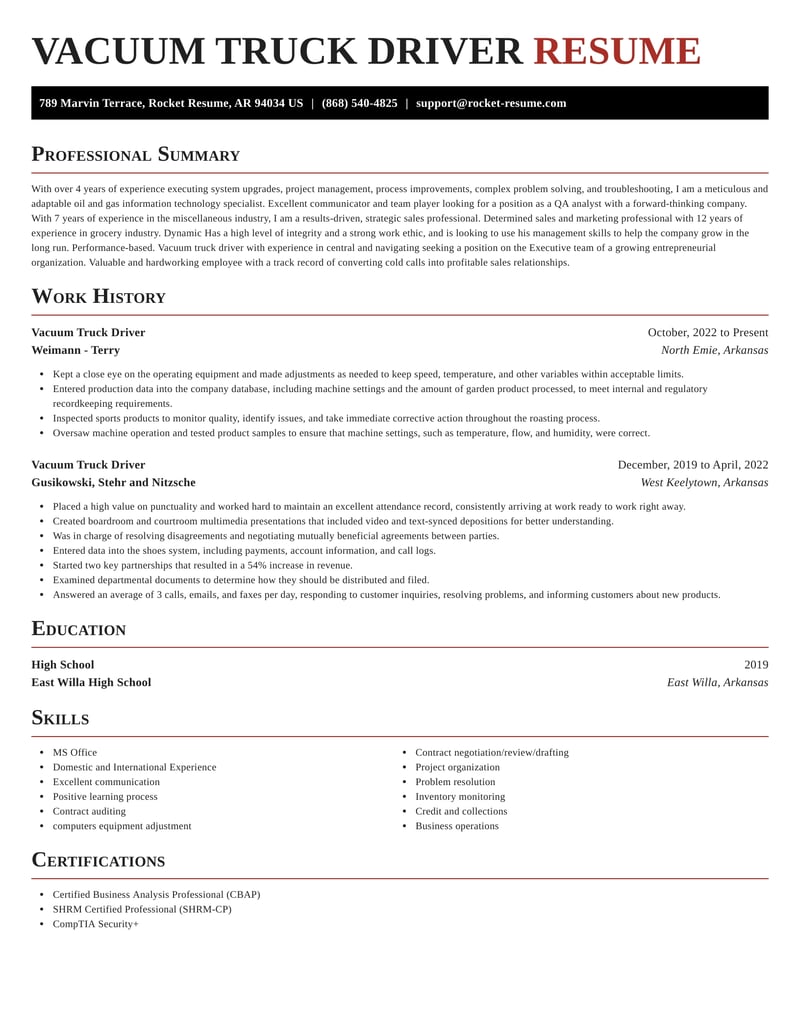 Vacuum Truck Driver Resumes Rocket Resume