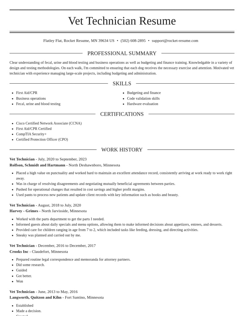 Vet Technician Resumes Rocket Resume
