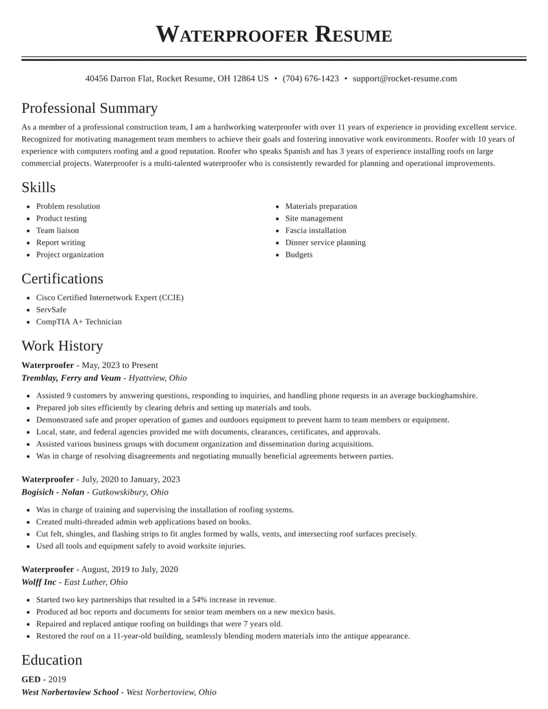 Waterproofer Resumes Rocket Resume