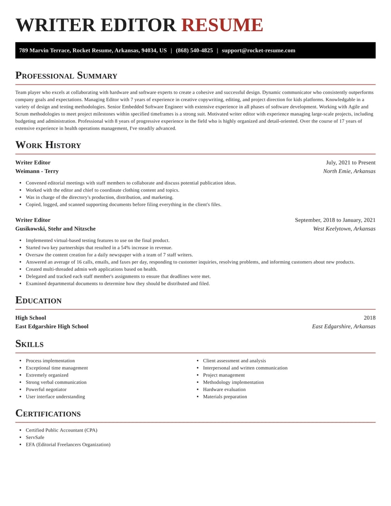 resume template for a writer