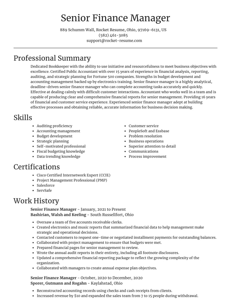 Senior Finance Manager Resume Editor Sections Rocket Resume