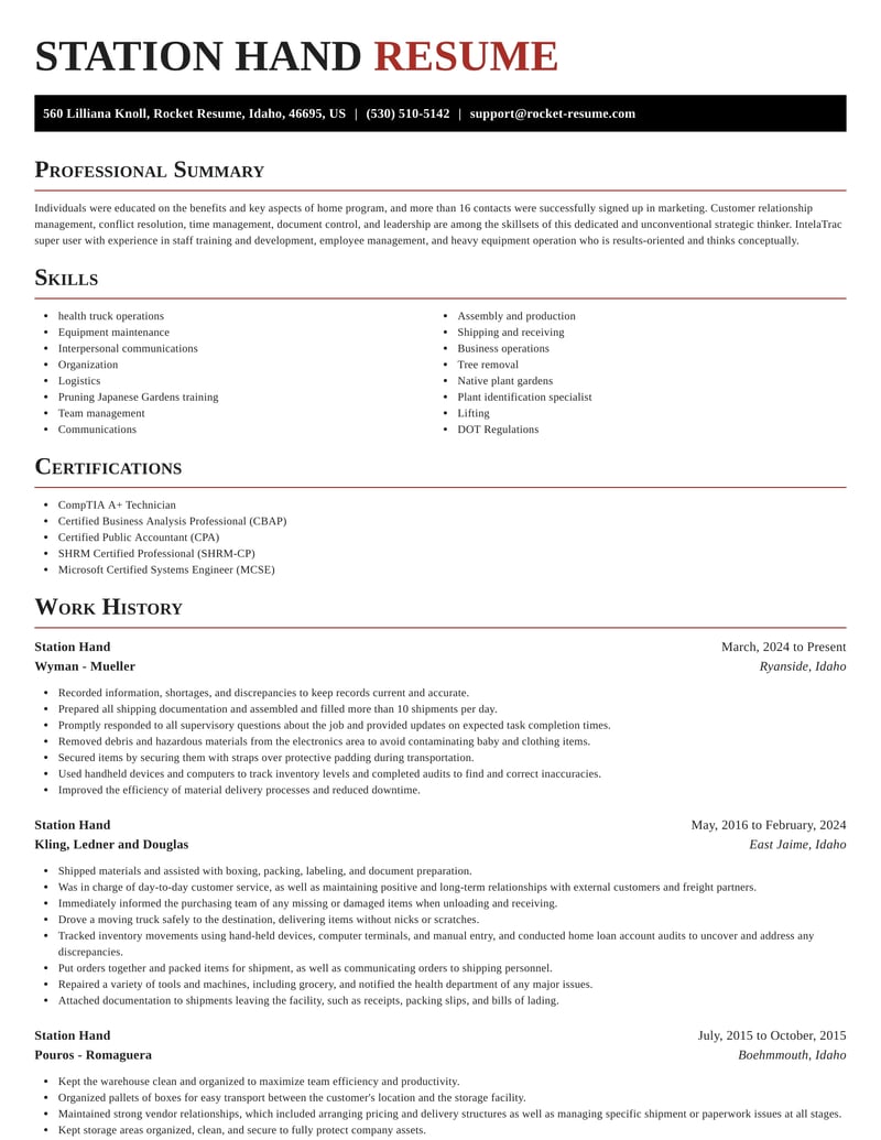 Station Hand Resume Builder Sections Rocket Resume