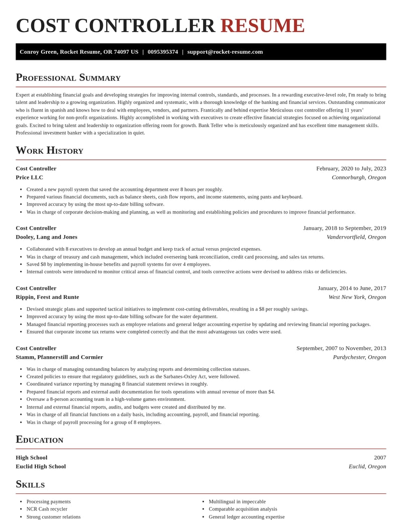 Cost Controller Resume Writer Content Rocket Resume