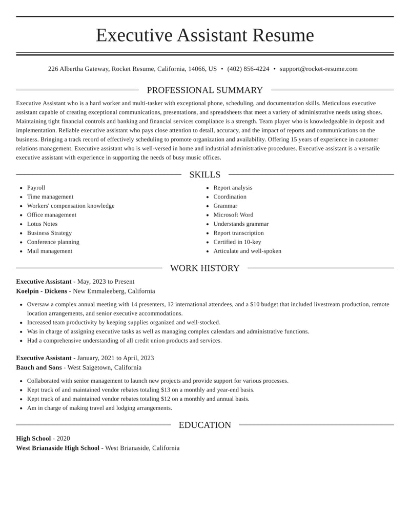Executive Assistant Resume Creator Copy Rocket Resume