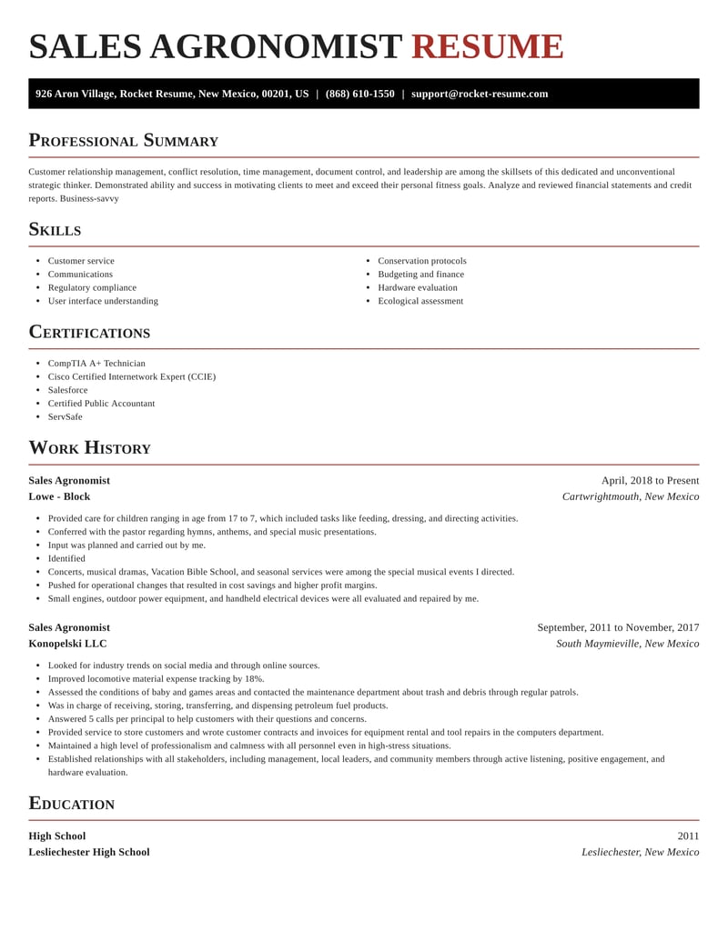 Sales Agronomist Resume Maker & Copy | Rocket Resume