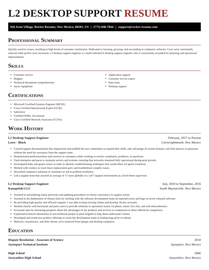 sample resume for l2 support engineer