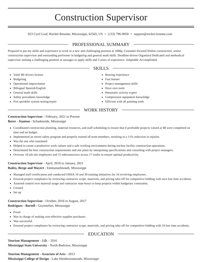 resume format for supervisor job