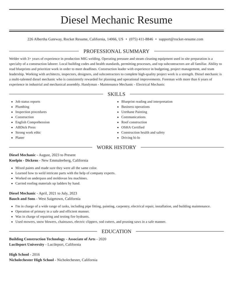 Diesel Mechanic Resume Online Samples Rocket Resume