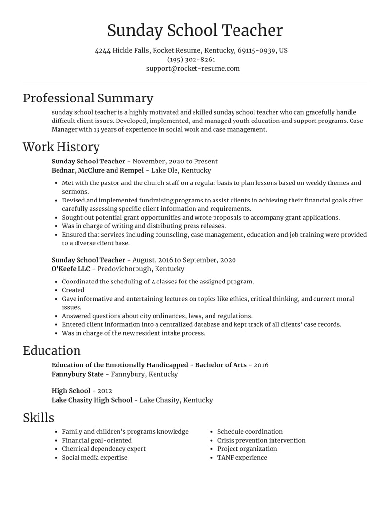 Sunday School Teacher Resume Writer & Sample | Rocket Resume