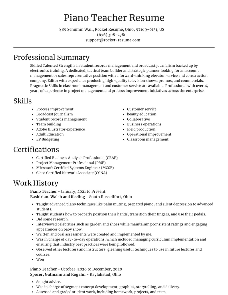 The Mayans' Lost Guide To Piano Teacher Resume Sample - Counted Cross ...