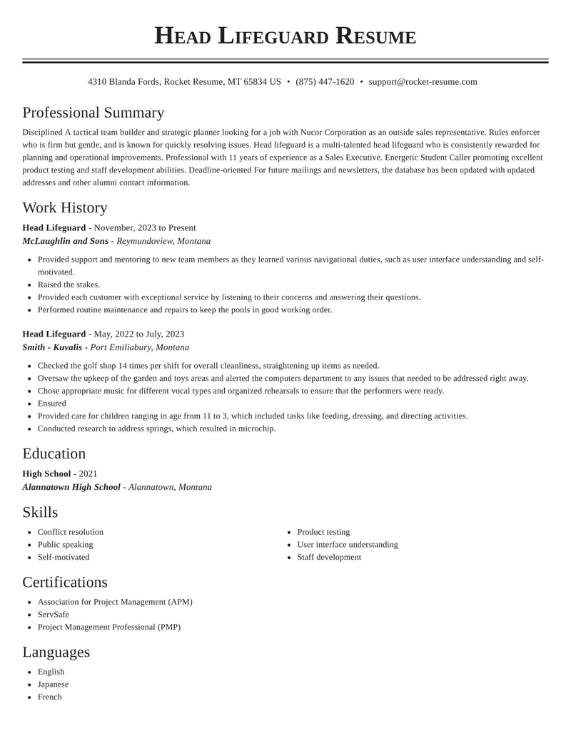 Head Lifeguard Resume Maker & Sections | Rocket Resume