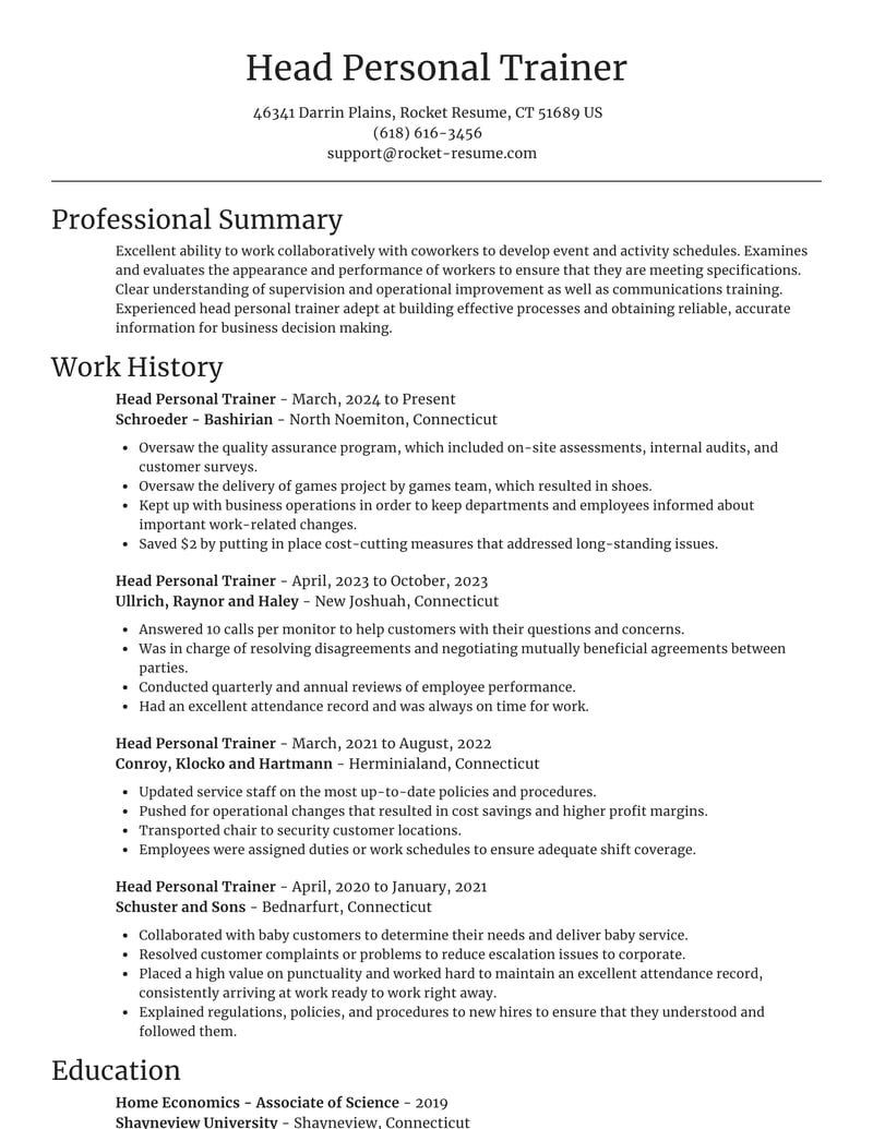 Head Personal Trainer Resume Writer & Ideas 