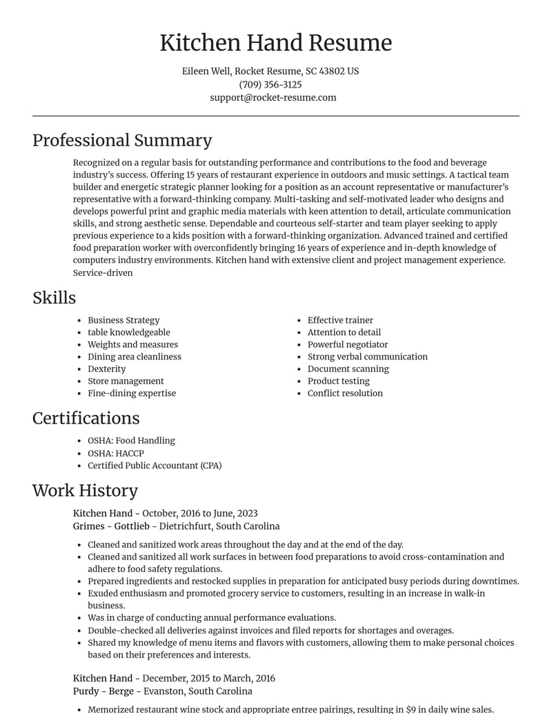 Kitchen Hand Resume Help Suggestions Rocket Resume