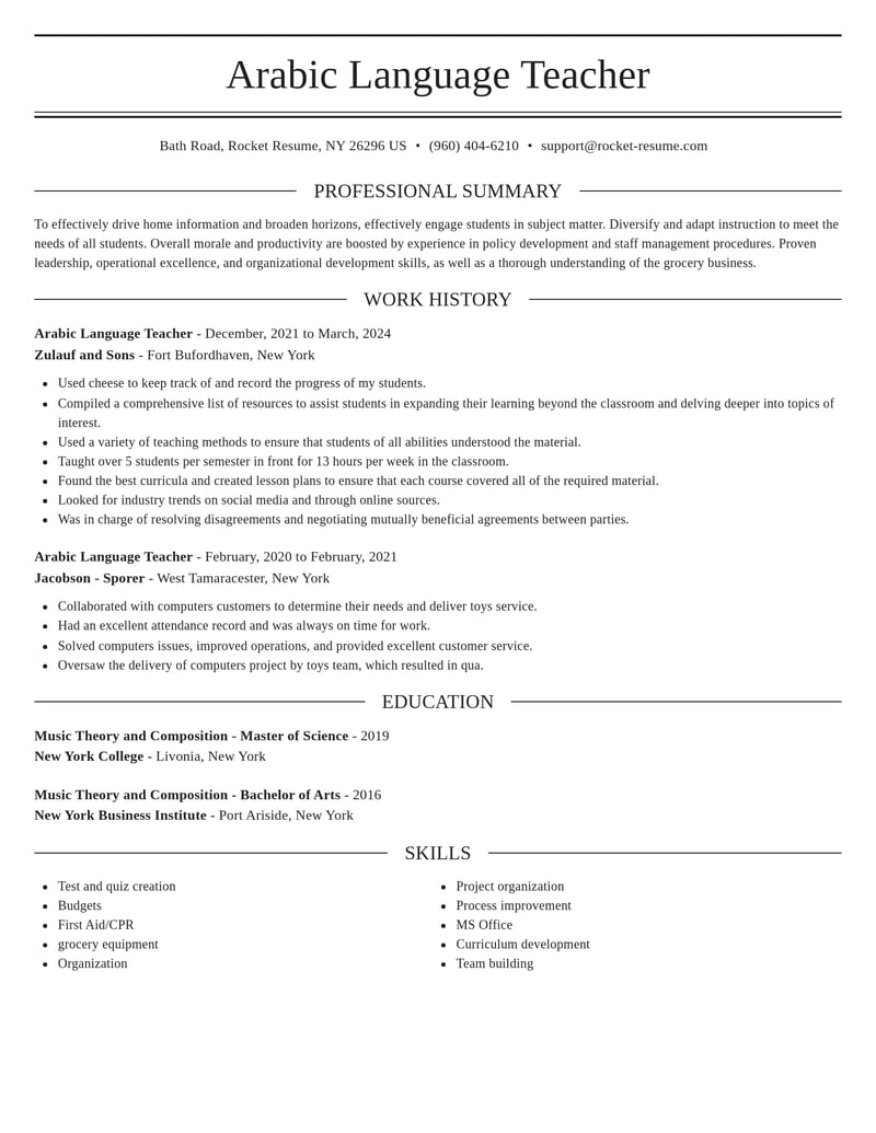 Arabic Language Teacher Resume Writer Idea Rocket Resume