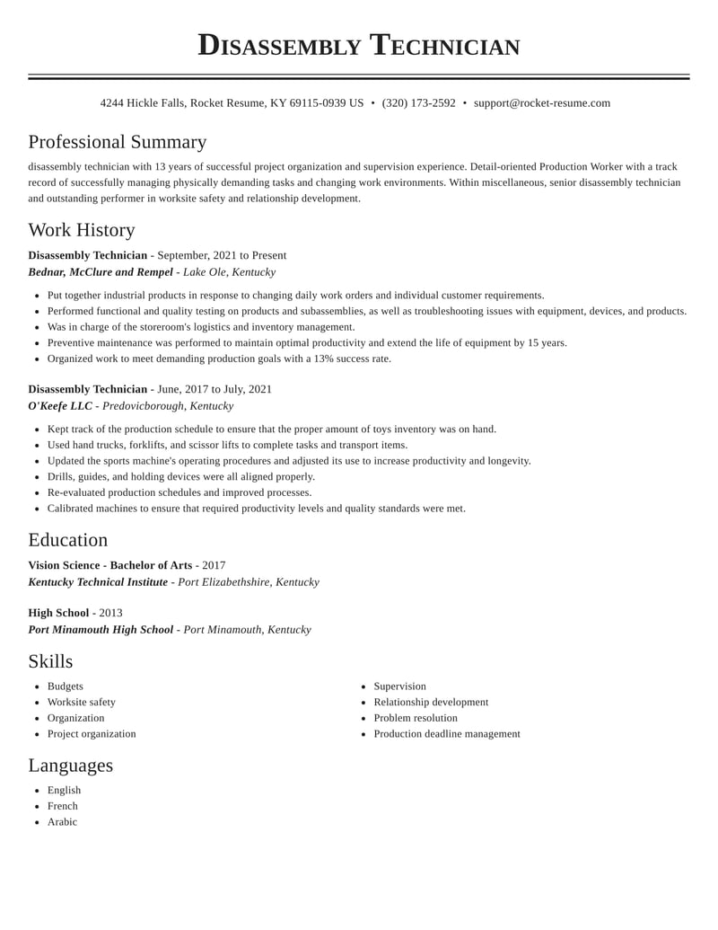 Disassembly Technician Resume Online & Sections 