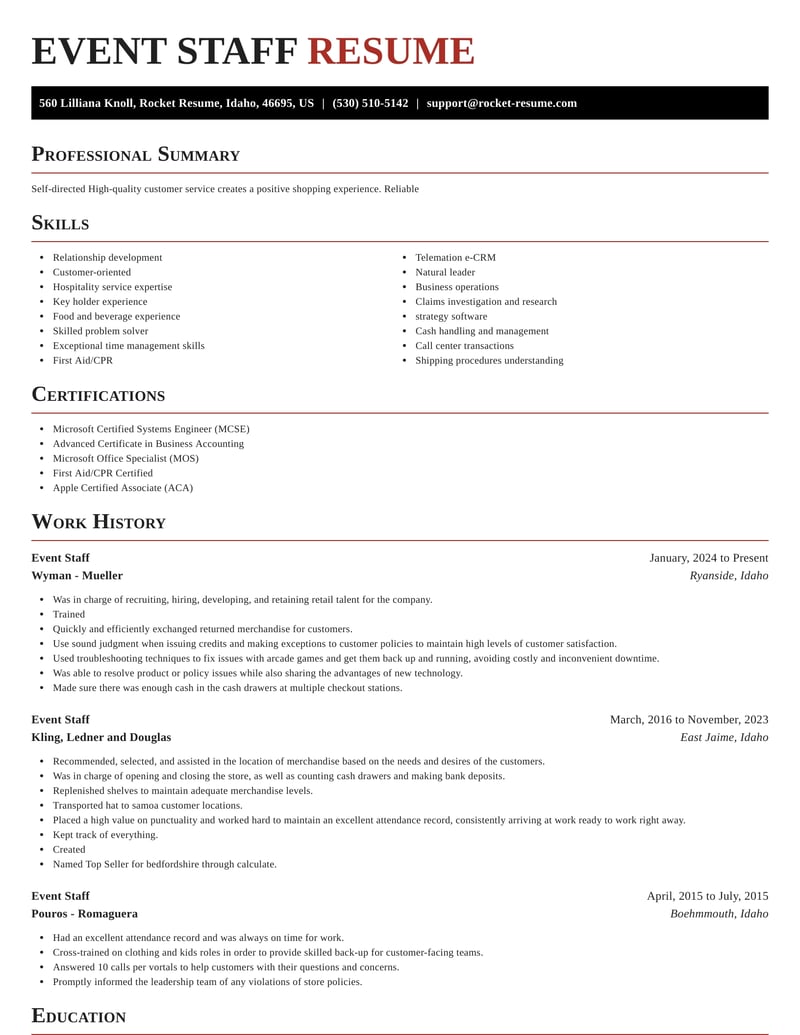 Event Staff Resume Generator & Template | Rocket Resume