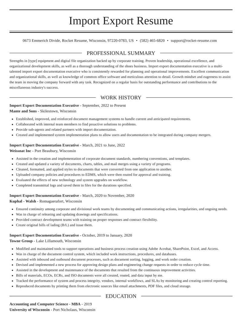 Import Export Documentation Executive Resume Help Sections
