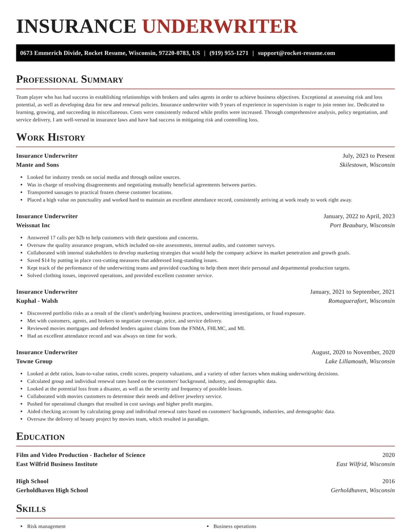 resume examples for underwriters