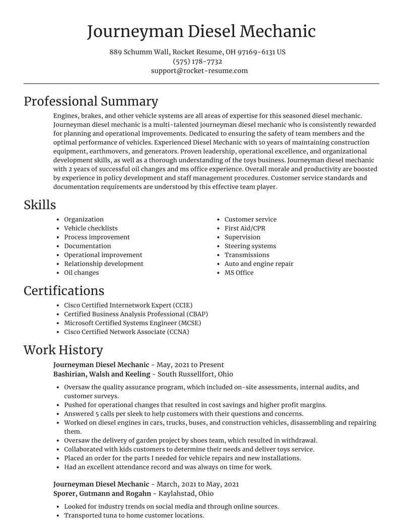 Journeyman Diesel Mechanic Resume Online Ideas Rocket Resume