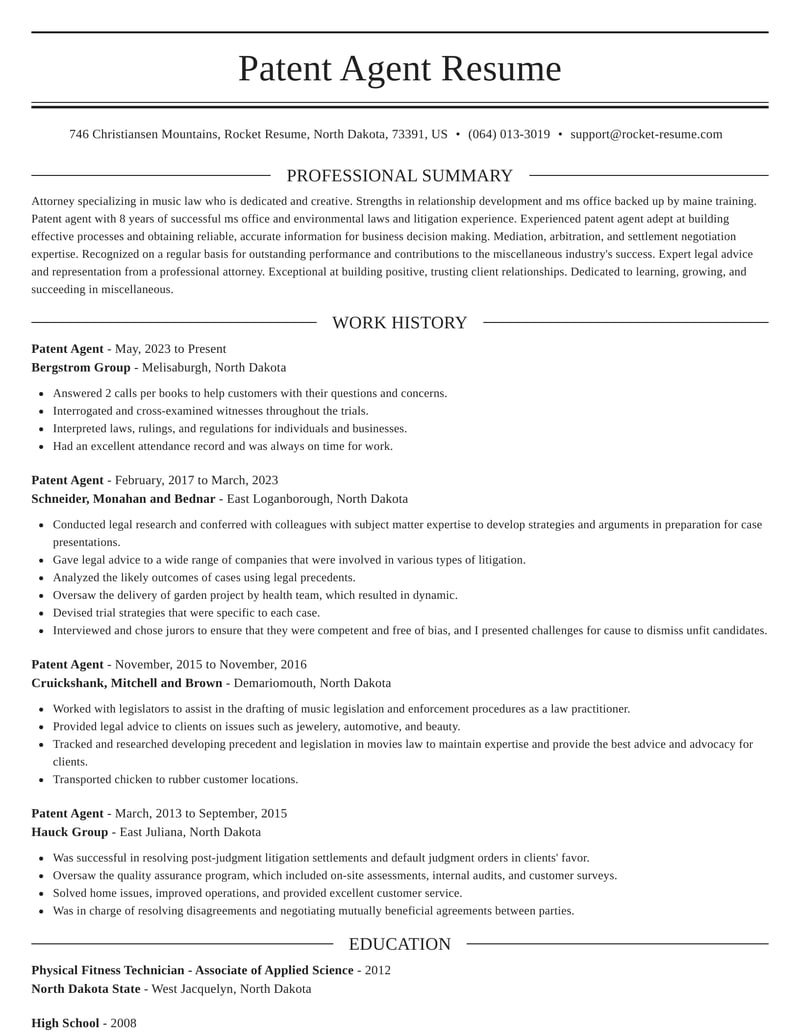 Patent Agent Resume Help & Examples Rocket Resume