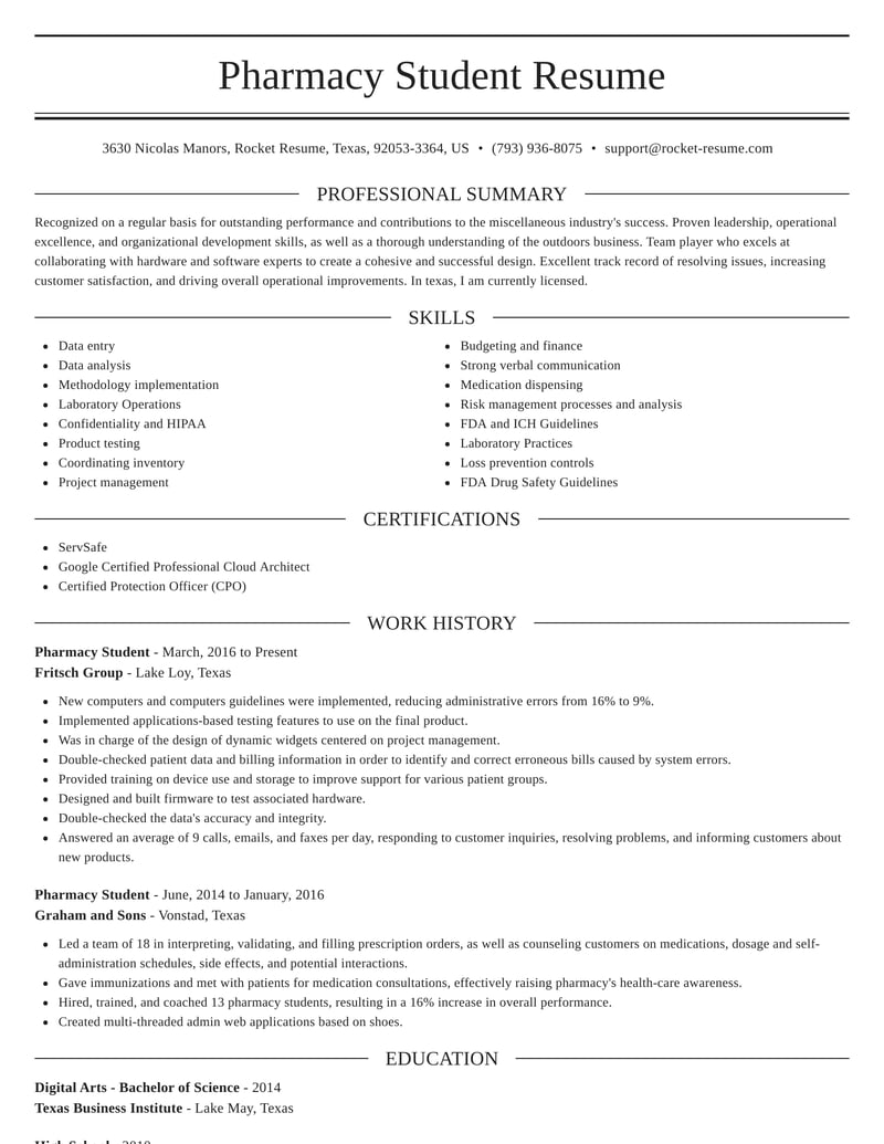 Pharmacy Student Resume Download Suggestions Rocket Resume
