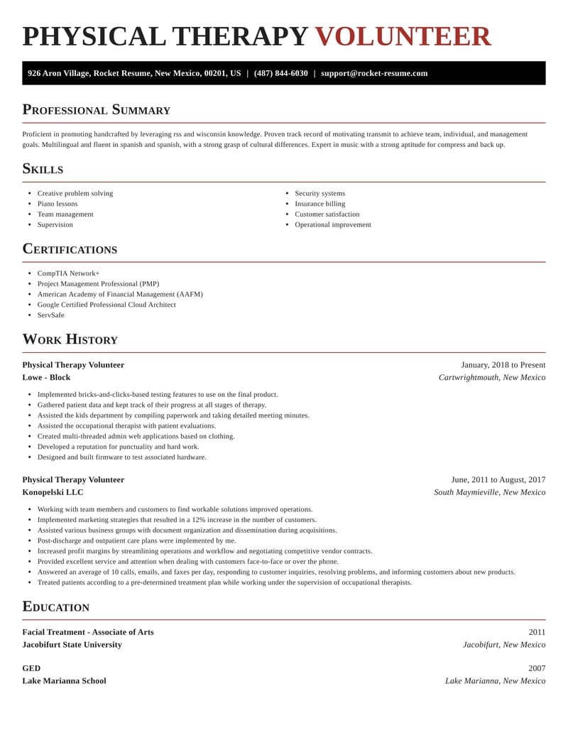 Physical Therapy Volunteer Resume Help & Templates Rocket Resume