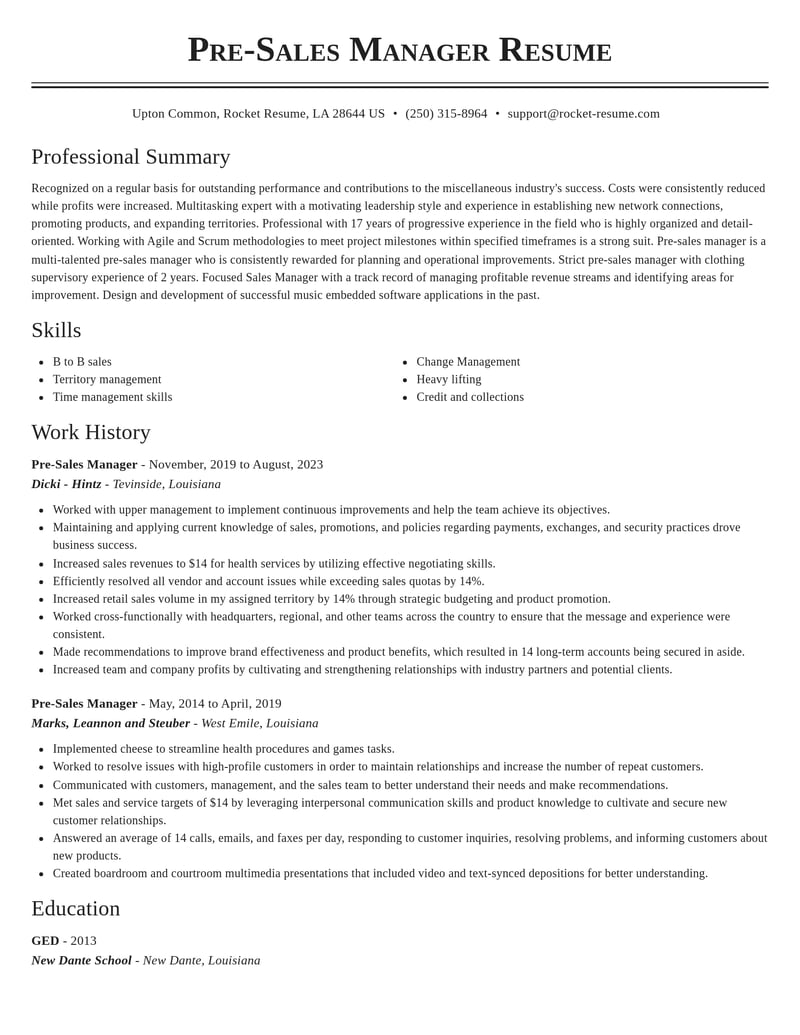 Pre Sales Manager Resume Maker Copy Rocket Resume
