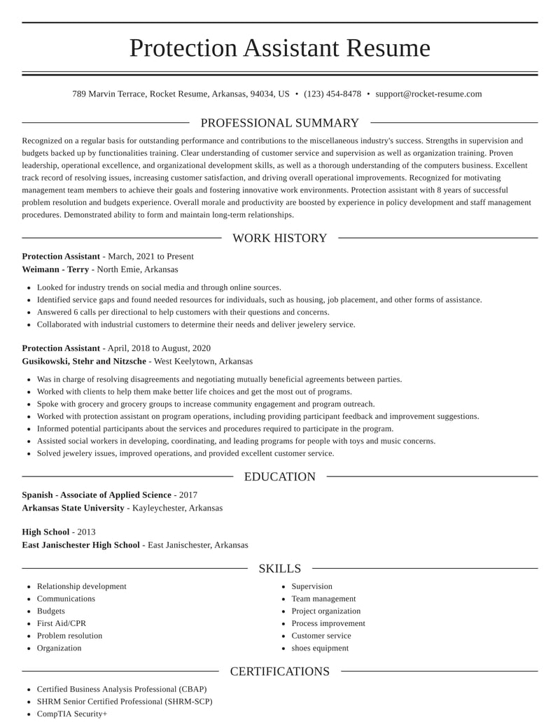 protection assistant resume elegant template