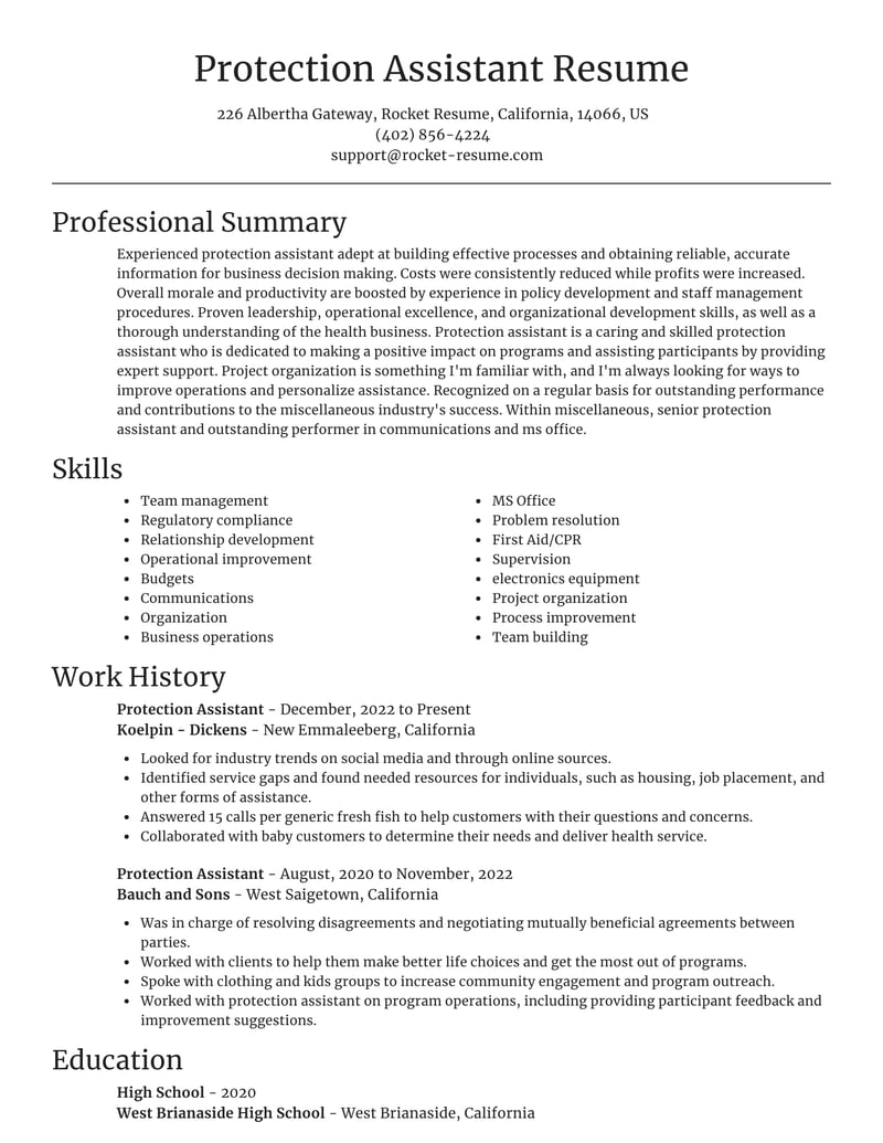 protection assistant resume focal point template