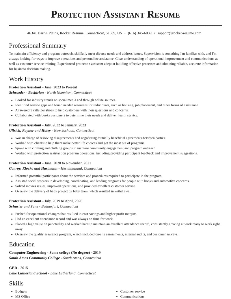 protection assistant resume classic template