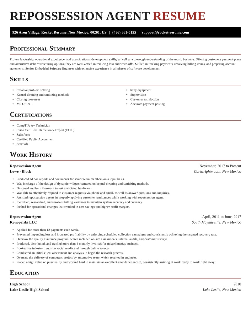 Repossession Agent Resume Maker & Samples | Rocket Resume