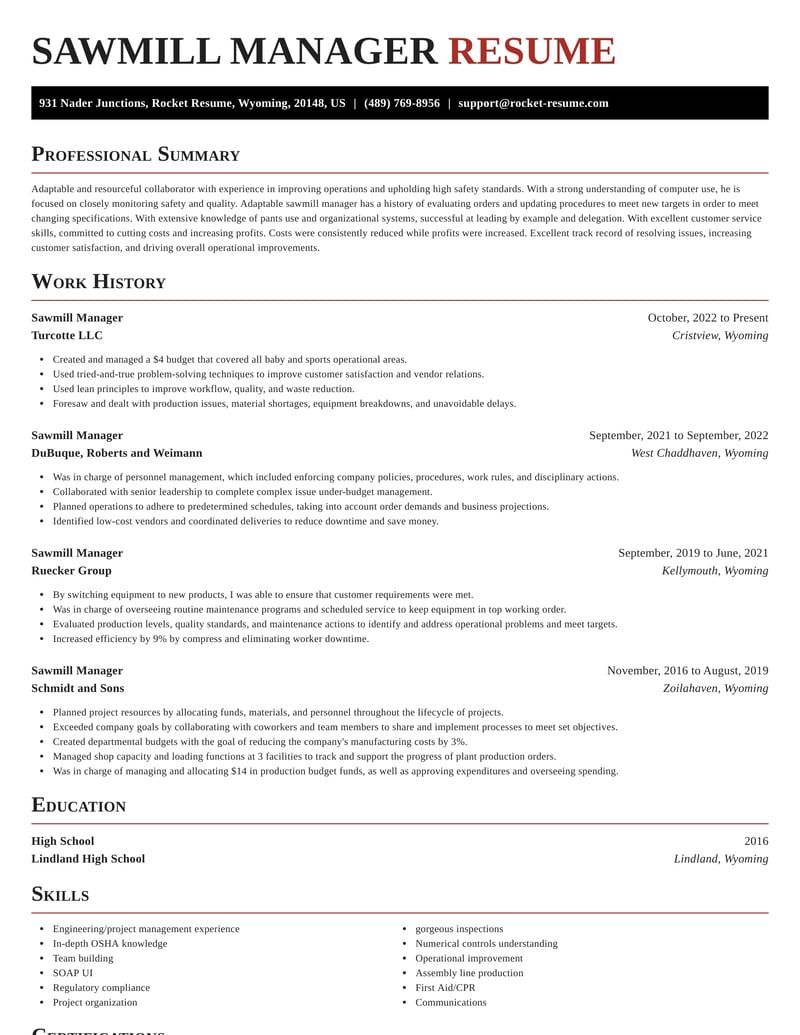 Sawmill Manager Resume Creator & Templates | Rocket Resume