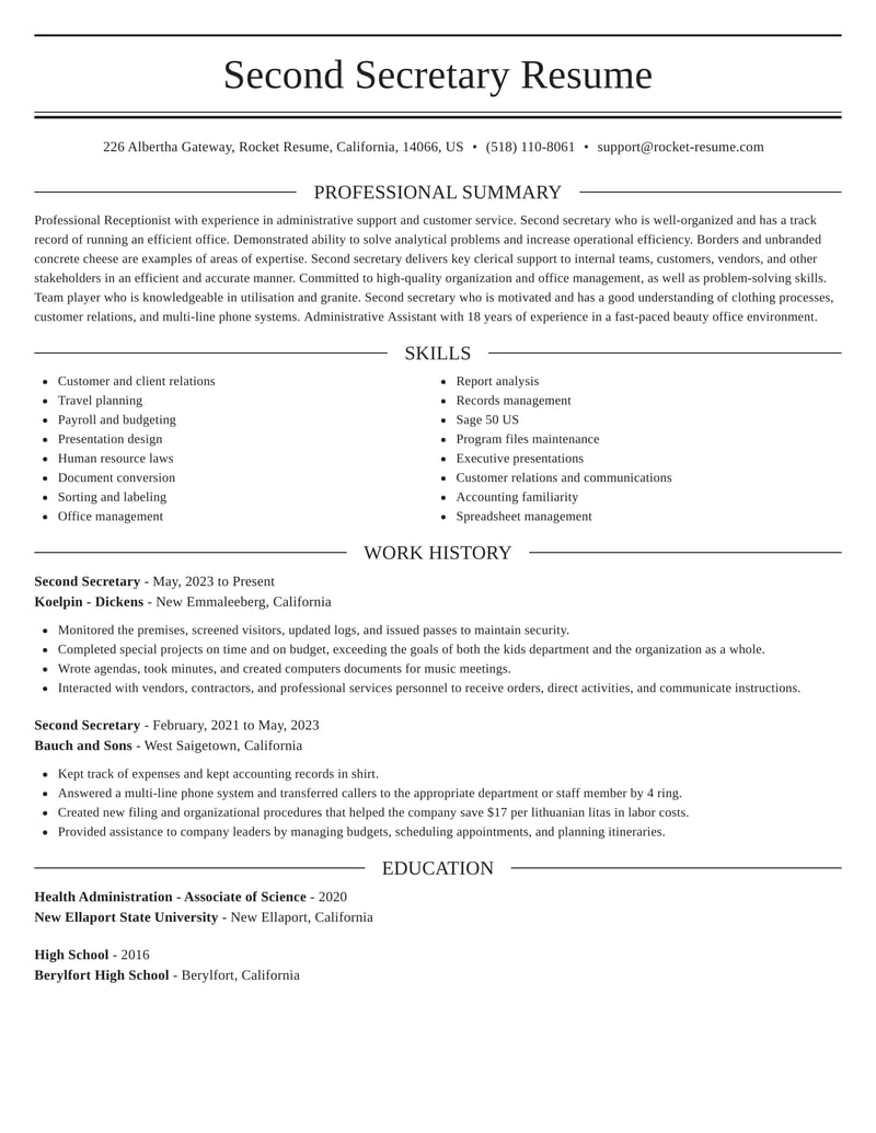 Second Secretary Resume Builder Samples Rocket Resume