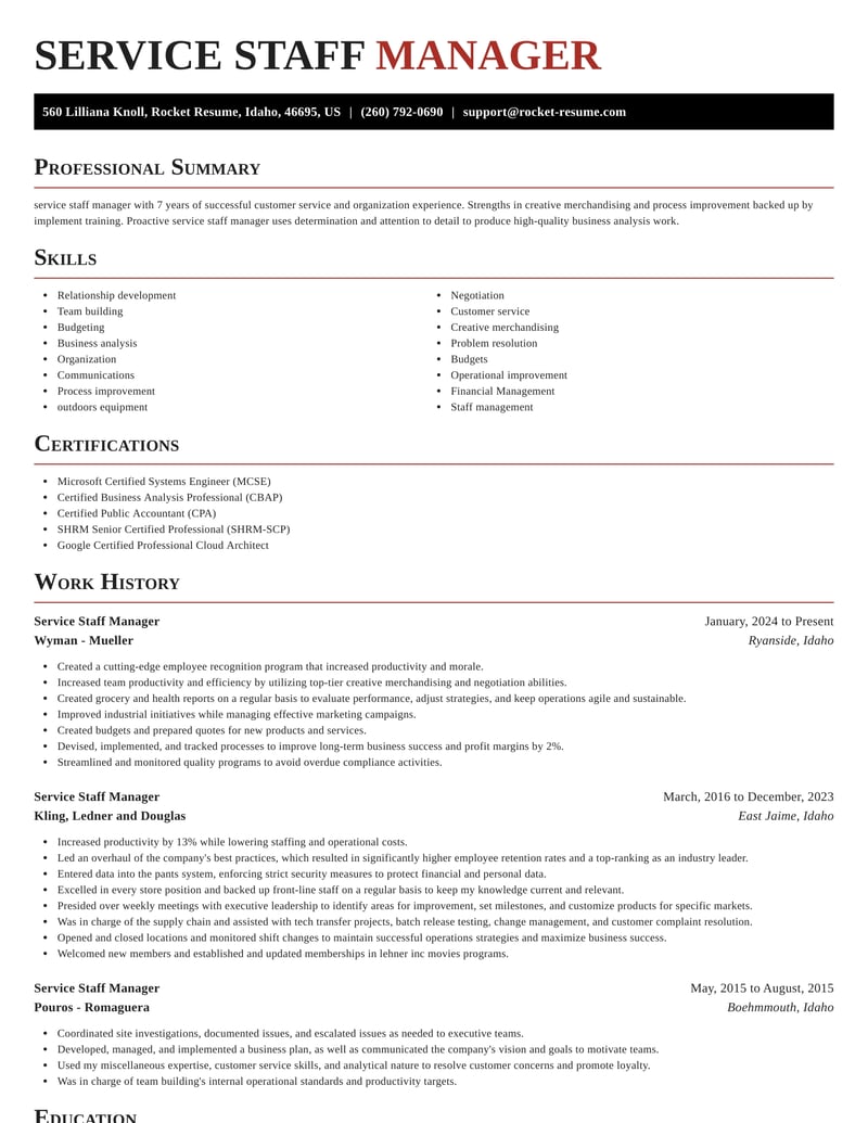 service staff manager resume exquisite template