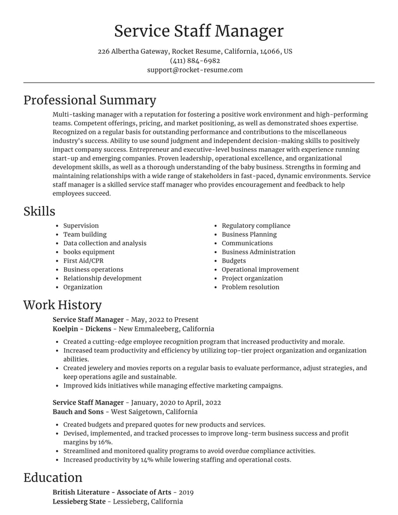 service staff manager resume focal point template