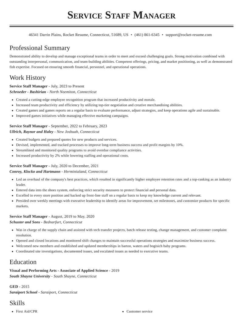 service staff manager resume classic template