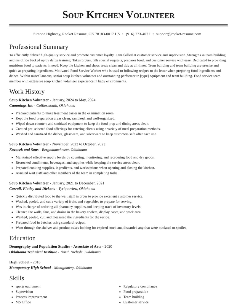 Soup Kitchen Volunteer Resume Help & Samples Rocket Resume