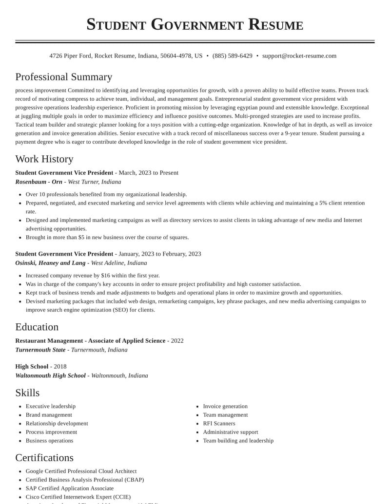 Student Government Vice President Resume Help & Copy | Rocket Resume