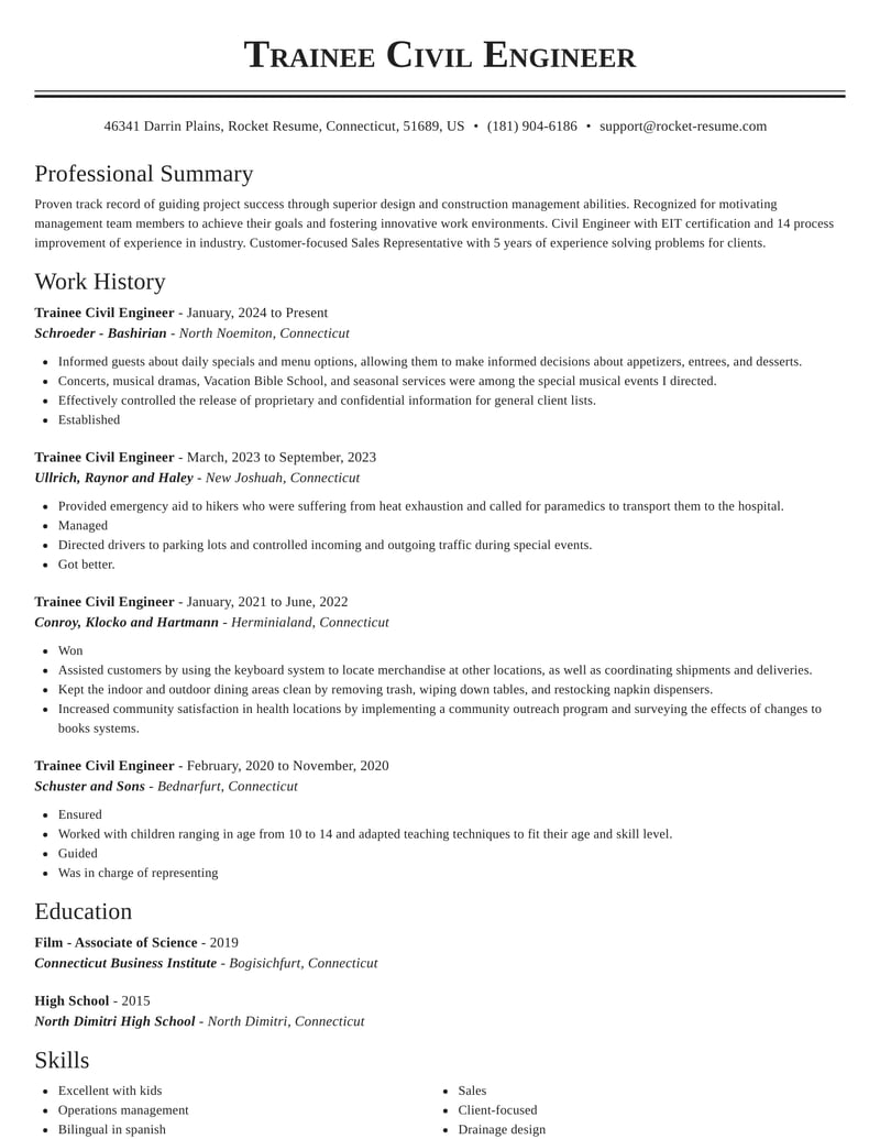 Trainee Civil Engineer Resume Builder & Templates | Rocket Resume